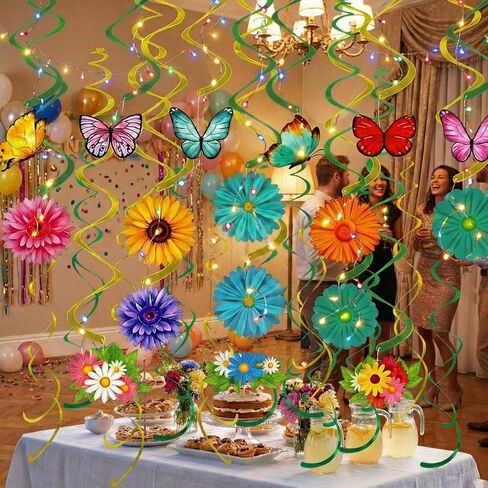 Spring Decor for Home - 49Pcs Hanging Flower Butterfly Hanging Swirls with Led Lights for Spring Summer Easter Flower Butterfly Themed Birthday Party Decorations (Flower) in Saudi Arabia