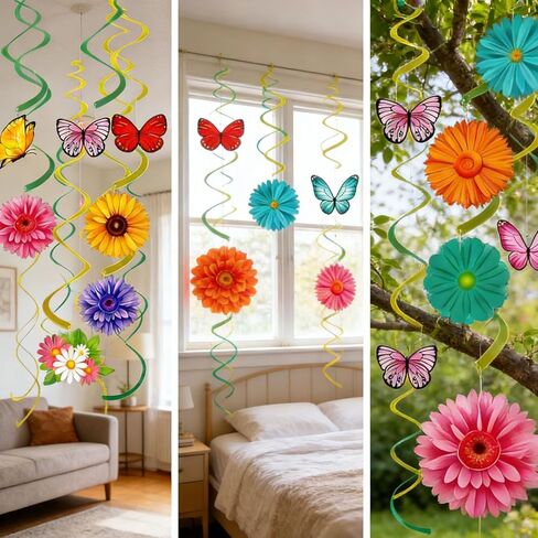 Spring Decor for Home - 49Pcs Hanging Flower Butterfly Hanging Swirls with Led Lights for Spring Summer Easter Flower Butterfly Themed Birthday Party Decorations (Flower) in Saudi Arabia