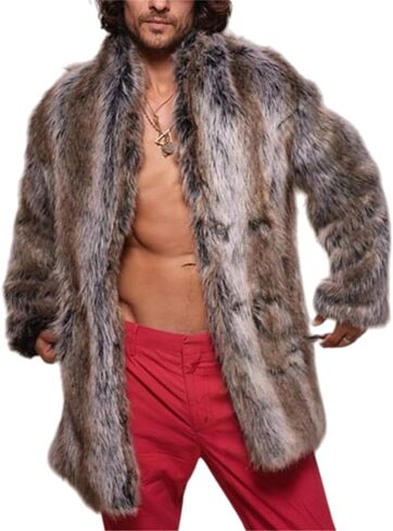 crazynekos Men's Faux Fur Coat Winter Long Fleece Jacket Luxury Fluffy Lapel Overcoat Warm Cardigan Outwear in Kuwait