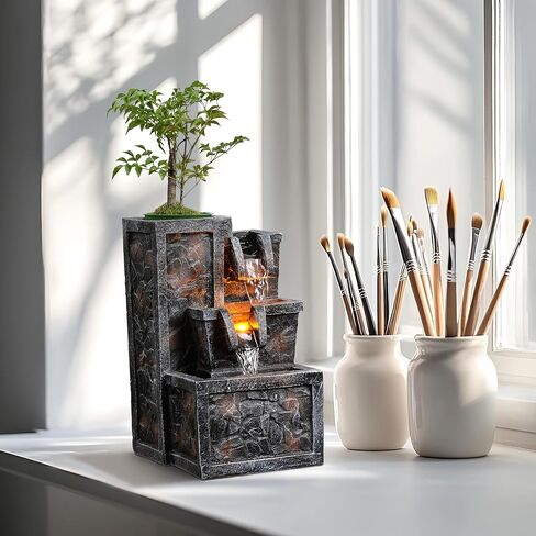 Tabletop Water Fountain Rustic Room Decor Zen Waterfall Fountains Office Desk Accessories Bedroom, Living Room Indoor Decoration with Led Light in Saudi Arabia