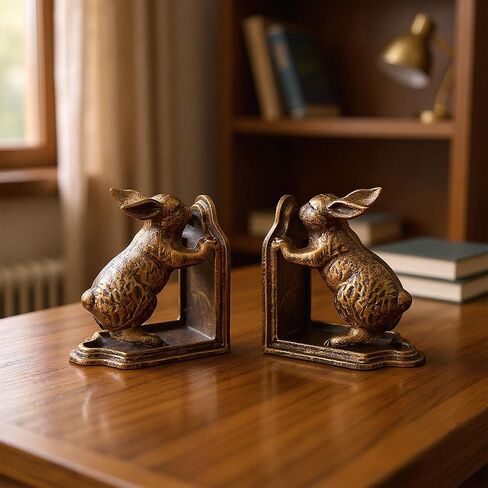 2 Pcs Decorative Bookends Antique Gold Bunny Book Ends, Heavy Duty Cast Iron Book Ends for Shelves,Unique bookends for Heavy Books, Vintage Antique Decor 5.3 lbs in Saudi Arabia