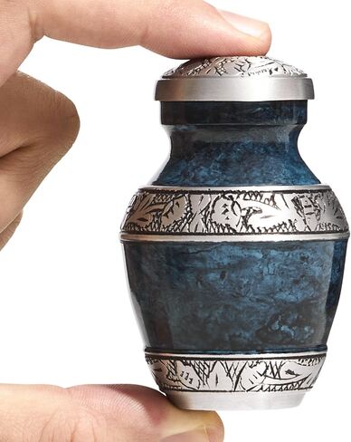 Keepsake Urn for Ashes 3" - Elegant Mini Urn for Human Ashes, Hand Engraved Aluminum Memorial Ash Container - Marbled Blue in Saudi Arabia