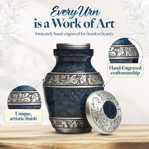 Keepsake Urn for Ashes 3" - Elegant Mini Urn for Human Ashes, Hand Engraved Aluminum Memorial Ash Container - Marbled Blue in Saudi Arabia