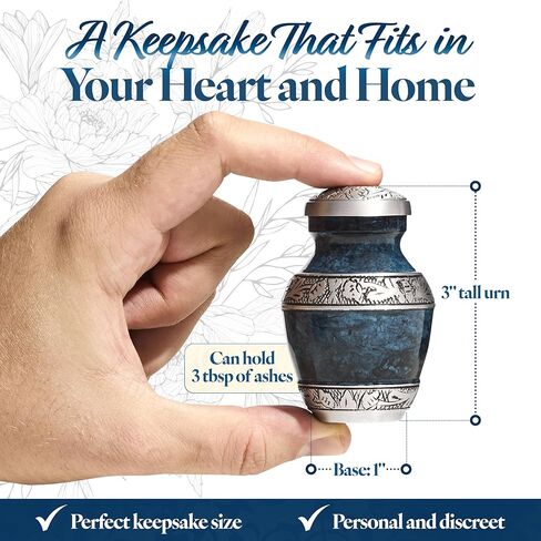 Keepsake Urn for Ashes 3" - Elegant Mini Urn for Human Ashes, Hand Engraved Aluminum Memorial Ash Container - Marbled Blue in Saudi Arabia