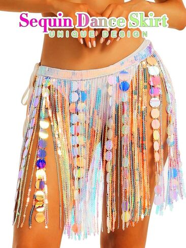 GRAEEN Sequin Skirt Sparkly Fringe Belly Dance Hip Scarf Festival Rave Tassel Skirts for Women Pink in Saudi Arabia