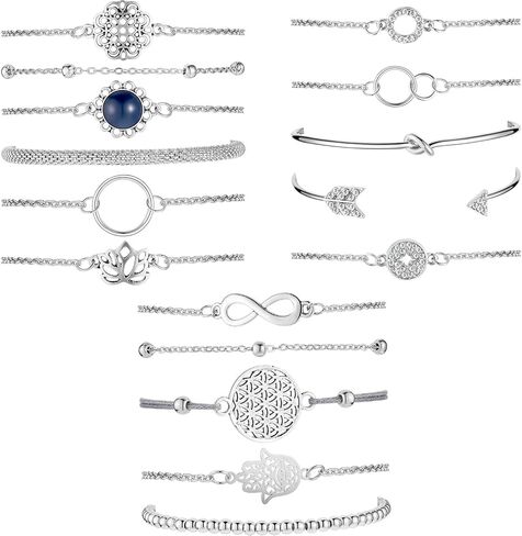 Hicarer 16 Pcs Gold/Sliver Layered Bracelet Set Women Bracelets Hand Chain Adjustable Charm Pendent Stack Bracelet for Women in Saudi Arabia