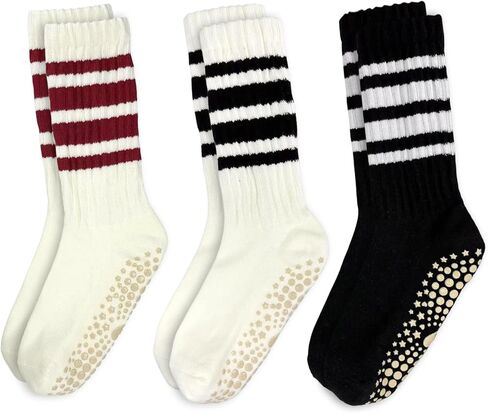 Cute Striped Yoga Socks for Women–3 Pairs Non Slip Crew Grip Pilates Barre Socks in Kuwait