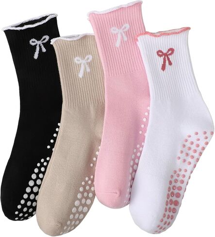 4 Pairs Cute Pilates Grip Socks Women Cute Non Slip Ruffle Crew Yoga Socks with Bow for Ballet in Saudi Arabia
