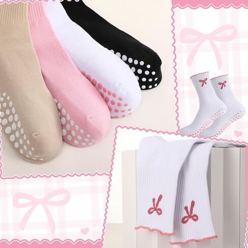 4 Pairs Cute Pilates Grip Socks Women Cute Non Slip Ruffle Crew Yoga Socks with Bow for Ballet in Saudi Arabia
