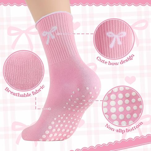 4 Pairs Cute Pilates Grip Socks Women Cute Non Slip Ruffle Crew Yoga Socks with Bow for Ballet in Saudi Arabia