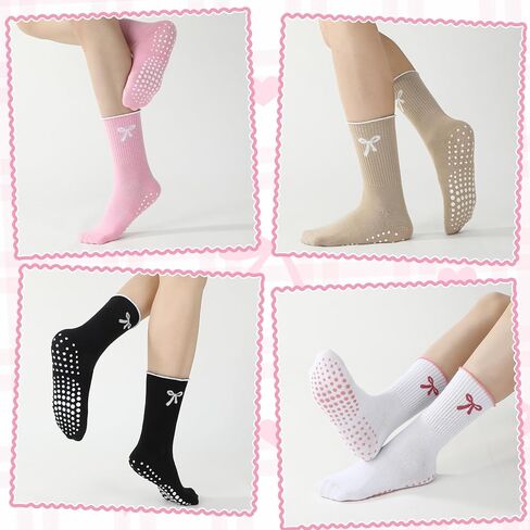 4 Pairs Cute Pilates Grip Socks Women Cute Non Slip Ruffle Crew Yoga Socks with Bow for Ballet in Saudi Arabia