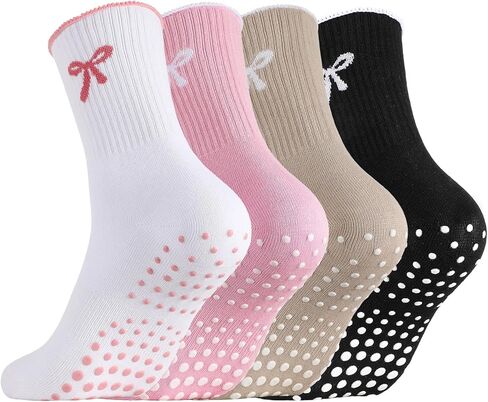 4 Pairs Cute Pilates Grip Socks Women Cute Non Slip Ruffle Crew Yoga Socks with Bow for Ballet in Saudi Arabia