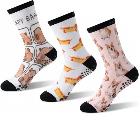 3 Pair Cute Pilates Socks with Grips for Women – Non-Slip Funny Print Socks for Yoga, Workouts Barre Socks in Saudi Arabia