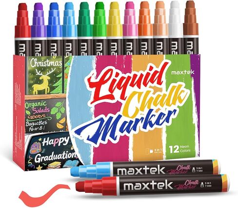 maxtek Window Chalk Markers for Glass Washable, 12 Colors Jumbo Liquid Chalk Marker Pens, 3 in 1 Nib Wide Tip Paint Markers for Cars, Glass, Chalkboard, Mirror, Poster, Blackboard - 7mm in Saudi Arabia