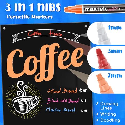 maxtek Window Chalk Markers for Glass Washable, 12 Colors Jumbo Liquid Chalk Marker Pens, 3 in 1 Nib Wide Tip Paint Markers for Cars, Glass, Chalkboard, Mirror, Poster, Blackboard - 7mm in Saudi Arabia
