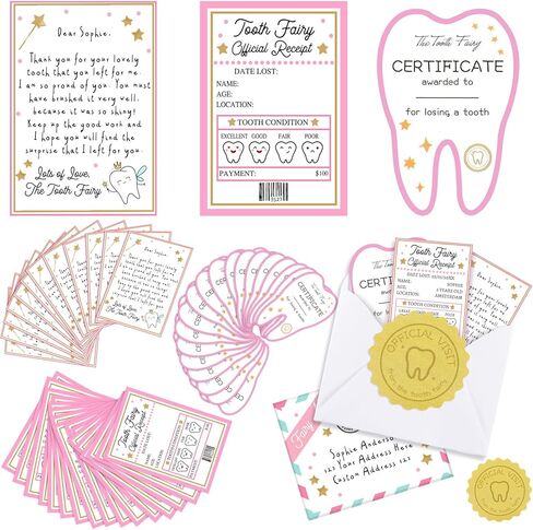 Eaasty 20 Set Tooth Fairy Gifts Kit for Kids Include Mini Tooth Receipt, Certificates, Teeth Fairy Letters, Envelopes with Seal Stickers Lost Teeth Keepsakes for Boys and Girls Award Gifts in Saudi Arabia