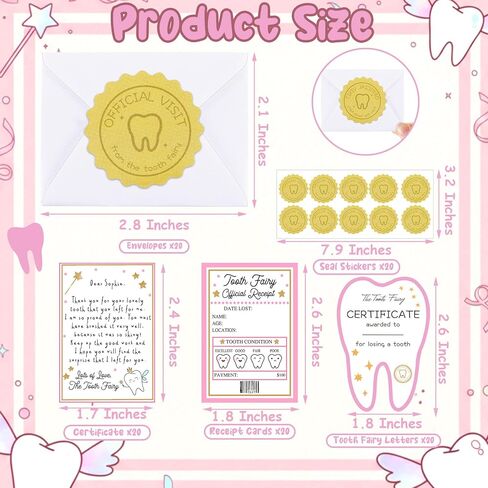 Eaasty 20 Set Tooth Fairy Gifts Kit for Kids Include Mini Tooth Receipt, Certificates, Teeth Fairy Letters, Envelopes with Seal Stickers Lost Teeth Keepsakes for Boys and Girls Award Gifts in Saudi Arabia