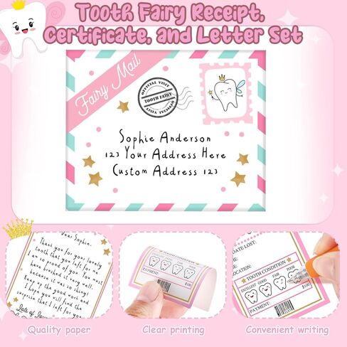 Eaasty 20 Set Tooth Fairy Gifts Kit for Kids Include Mini Tooth Receipt, Certificates, Teeth Fairy Letters, Envelopes with Seal Stickers Lost Teeth Keepsakes for Boys and Girls Award Gifts in Saudi Arabia