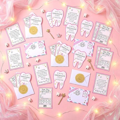 Eaasty 20 Set Tooth Fairy Gifts Kit for Kids Include Mini Tooth Receipt, Certificates, Teeth Fairy Letters, Envelopes with Seal Stickers Lost Teeth Keepsakes for Boys and Girls Award Gifts in Saudi Arabia