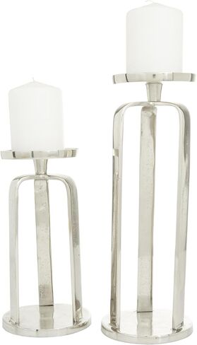 CosmoLiving by Cosmopolitan Aluminum Metal Geometric Decorative Candle Holder Pillar Candle Stand, Set of 2 Candlestick Holder 14', 10'H, Silver in Saudi Arabia