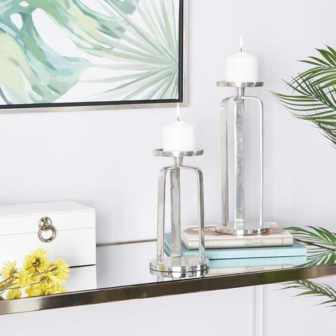 CosmoLiving by Cosmopolitan Aluminum Metal Geometric Decorative Candle Holder Pillar Candle Stand, Set of 2 Candlestick Holder 14', 10'H, Silver in Saudi Arabia