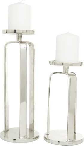 CosmoLiving by Cosmopolitan Aluminum Metal Geometric Decorative Candle Holder Pillar Candle Stand, Set of 2 Candlestick Holder 14', 10'H, Silver in Saudi Arabia