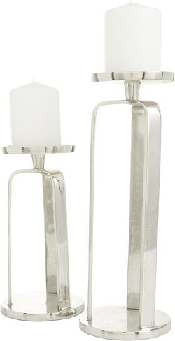 CosmoLiving by Cosmopolitan Aluminum Metal Geometric Decorative Candle Holder Pillar Candle Stand, Set of 2 Candlestick Holder 14', 10'H, Silver in Saudi Arabia