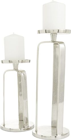 CosmoLiving by Cosmopolitan Aluminum Metal Geometric Decorative Candle Holder Pillar Candle Stand, Set of 2 Candlestick Holder 14', 10'H, Silver in Saudi Arabia