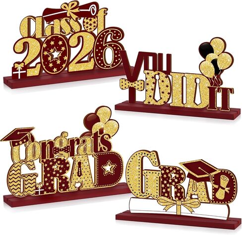 4 Pieces 2024 Graduation Party Decorations Wooden Class of Grad Congratulate Graduation Table Toppers for High School College Graduation Party Favor Supplies Photo Booth Props (Black Gold) in Saudi Arabia