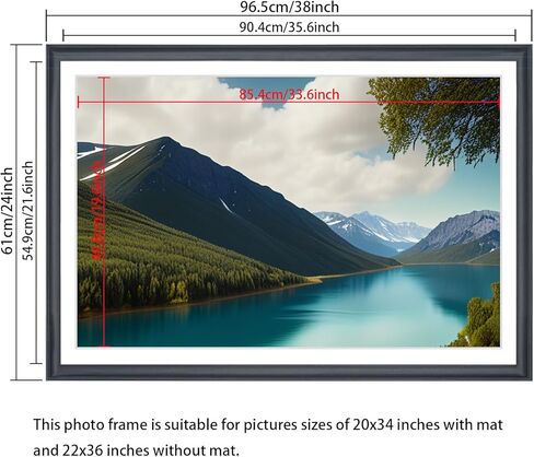 22x36 Picture Frame Solid Wood Black, Display 20"x34" (With mat) or 22"x36" (Without mat) Photos, Poster, Painting,Puzzles (X23B2236W2034) in Saudi Arabia