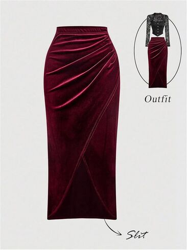 المرأة التفاف الجبهة Ruched Bodycon المخملية تنورة شق تنحنح أنيقة كوكتيل تنورة طويلة in Kuwait