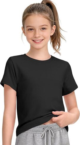 HASMES Girls Short Sleeve T Shirts Athletic Crewneck Crop Tops Basic Tees for Kids in Saudi Arabia