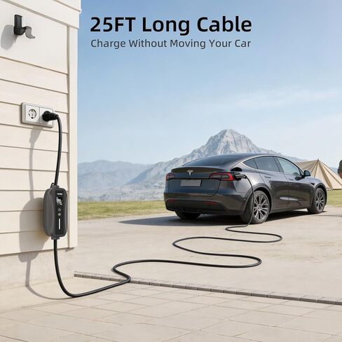 شحن متنقل من المستوى 2 والمستوى 1 لمدرج Tesla-ETL، شاحن سيارة كهربائي محمول 16 أمبير 110/240 فولت مع محول NEMA 6-20P إلى 5-15P، أسلاك تمديد 25 قدم، موصل NACS لجميع طرازات Tesla Y/3/S/X in Kuwait