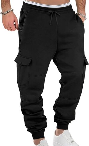 Men's Casual Cargo Sweatpants Fleece Lined Workout Joggers Athletic Drawstring Pants with Multi Pockets in Kuwait