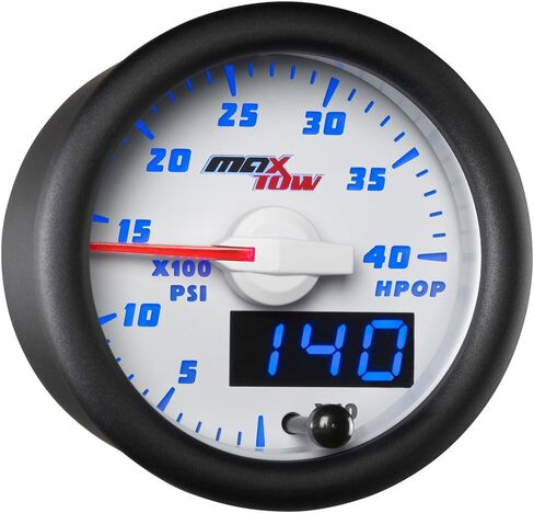 MaxTow Double Vision 4,000 PSI High Pressure Oil Pressure HPOP Gauge - Compatible with Power Stroke Diesel Engines 1994-2003 7.3L & 2003-2007 6.0L - White Gauge Face - Blue LED Dial - 2-1/16" 52mm in Kuwait