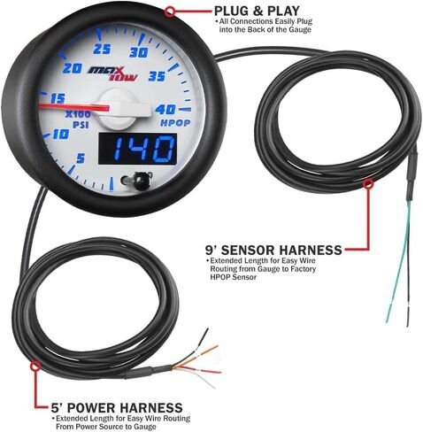 MaxTow Double Vision 4,000 PSI High Pressure Oil Pressure HPOP Gauge - Compatible with Power Stroke Diesel Engines 1994-2003 7.3L & 2003-2007 6.0L - White Gauge Face - Blue LED Dial - 2-1/16" 52mm in Kuwait