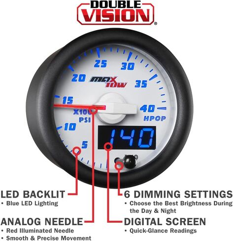 MaxTow Double Vision 4,000 PSI High Pressure Oil Pressure HPOP Gauge - Compatible with Power Stroke Diesel Engines 1994-2003 7.3L & 2003-2007 6.0L - White Gauge Face - Blue LED Dial - 2-1/16" 52mm in Kuwait