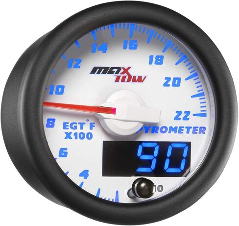 MaxTow Double Vision 2200 F Pyrometer Exhaust Gas Temperature EGT Gauge Kit - Includes Type K Probe - White Gauge Face - Blue LED Dial - Analog & Digital Readouts - for Gas Trucks - 2-1/16" 52mm in Kuwait
