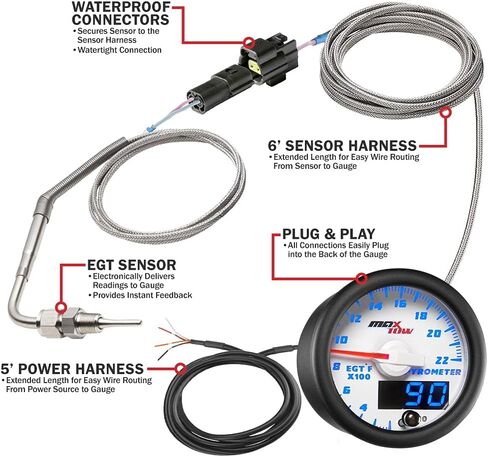 MaxTow Double Vision 2200 F Pyrometer Exhaust Gas Temperature EGT Gauge Kit - Includes Type K Probe - White Gauge Face - Blue LED Dial - Analog & Digital Readouts - for Gas Trucks - 2-1/16" 52mm in Kuwait