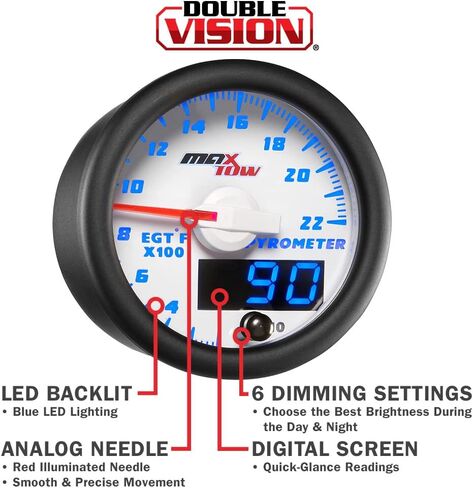 MaxTow Double Vision 2200 F Pyrometer Exhaust Gas Temperature EGT Gauge Kit - Includes Type K Probe - White Gauge Face - Blue LED Dial - Analog & Digital Readouts - for Gas Trucks - 2-1/16" 52mm in Kuwait