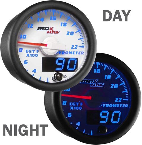 MaxTow Double Vision 2200 F Pyrometer Exhaust Gas Temperature EGT Gauge Kit - Includes Type K Probe - White Gauge Face - Blue LED Dial - Analog & Digital Readouts - for Gas Trucks - 2-1/16" 52mm in Kuwait