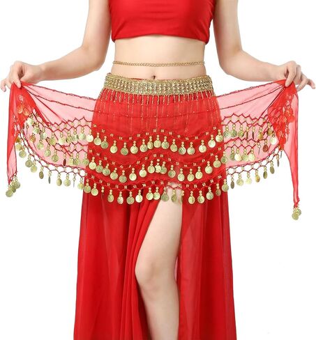 وشاح الرقص الشرقي، تنورة العملة، أوشحة الورك للرقص الشرقي، مع 128 ترتر معدني، تنانير الرقص الشرقي الشيفون، أزياء أداء الرقص، الأحمر والذهبي in Saudi Arabia