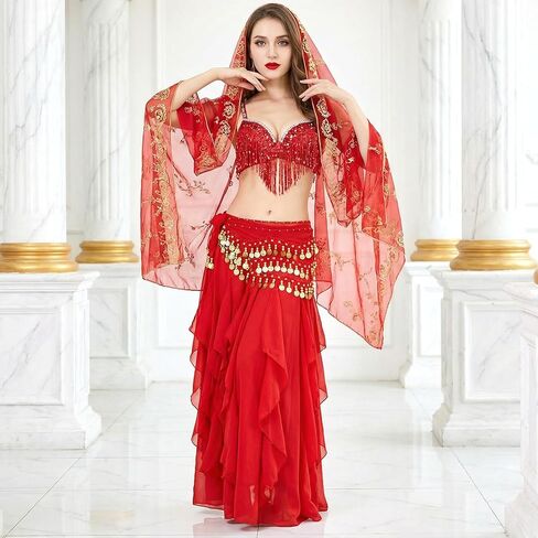 وشاح الرقص الشرقي، تنورة العملة، أوشحة الورك للرقص الشرقي، مع 128 ترتر معدني، تنانير الرقص الشرقي الشيفون، أزياء أداء الرقص، الأحمر والذهبي in Saudi Arabia