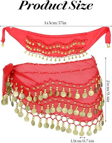 وشاح الرقص الشرقي، تنورة العملة، أوشحة الورك للرقص الشرقي، مع 128 ترتر معدني، تنانير الرقص الشرقي الشيفون، أزياء أداء الرقص، الأحمر والذهبي in Saudi Arabia