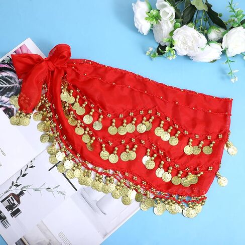 وشاح الرقص الشرقي، تنورة العملة، أوشحة الورك للرقص الشرقي، مع 128 ترتر معدني، تنانير الرقص الشرقي الشيفون، أزياء أداء الرقص، الأحمر والذهبي in Saudi Arabia