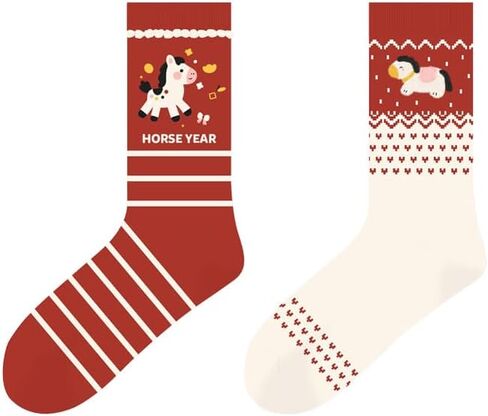 2 أزواج من الجوارب الكرتونية على شكل حصان للعام الصيني الجديد 2026 جوارب حمراء محظوظة لهدية السنة القمرية الجديدة للنساء in Kuwait