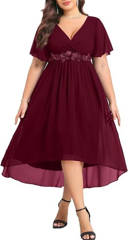 فساتين مقاسات كبيرة لضيف حفل الزفاف - فستان كوكتيل رسمي شيفون مزين برقبة على شكل V وأكمام قصيرة وكشكشة للنساء in Kuwait