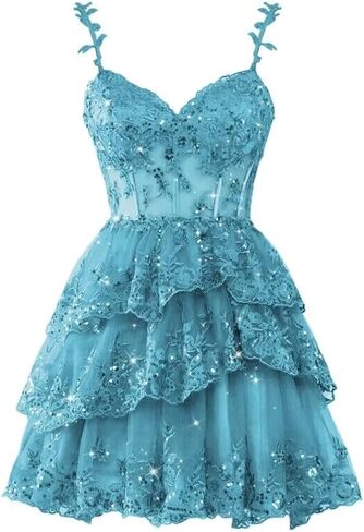 Sparkly Tulle Homecoming Dresses Lace Applique Tiered Short Prom Dress Spaghetti Strap Cocktail Formal Party Gown in Saudi Arabia