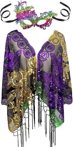 Mardi Gras Shawl Scarf Wrap Costume and Mask Sequin Mardi Gras Poncho Outfit for Women Carnival Masquerade Party in Kuwait
