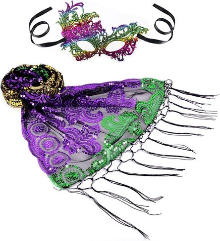 Mardi Gras Shawl Scarf Wrap Costume and Mask Sequin Mardi Gras Poncho Outfit for Women Carnival Masquerade Party in Kuwait